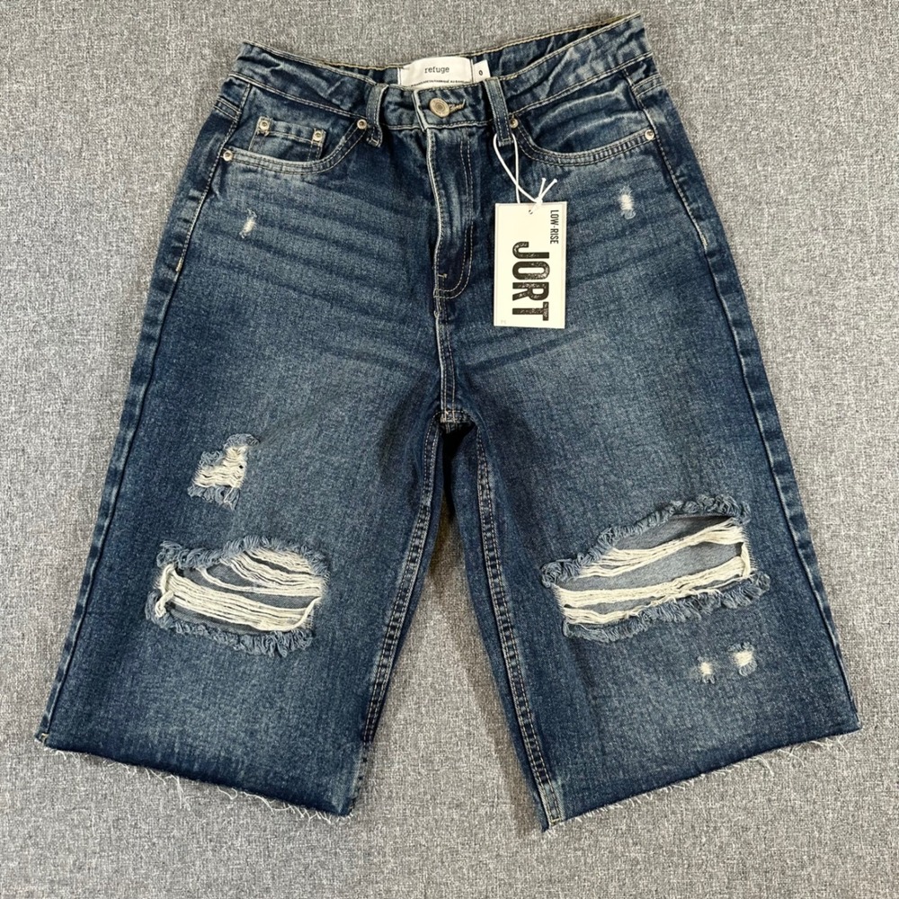 Refuge Low Rise Jort Denim Shorts Womens 0 Blue Distressed Cotton Longline NWT